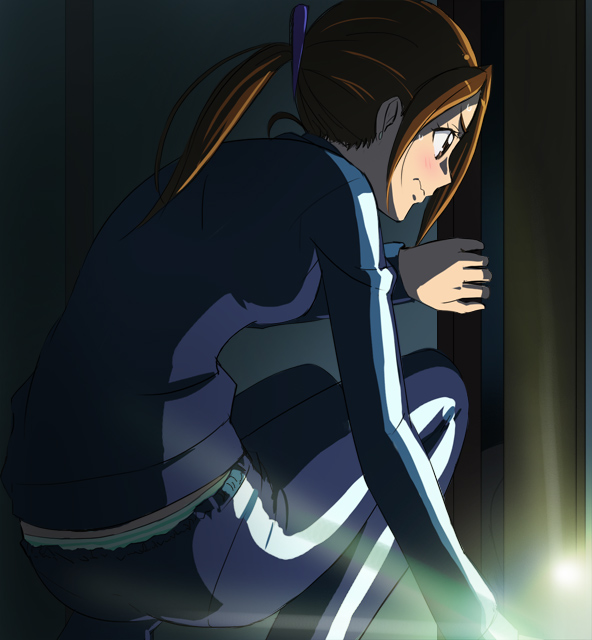 10s, 1girl, brown_hair, clothes_pull, dark, downpants, female_focus, flashlight
