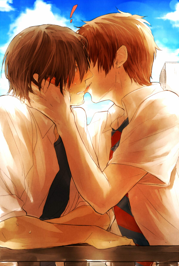 !, 2boys, brown_hair, danshi_koukousei_no_nichijou, facial_hair, karasawa_toshiyuki, kiwwa9, licking, male_focus, motoharu_(danshi_koukousei), multiple_boys, necktie, short_hair, smile, striped_clothes, striped_necktie, striped_neckwear, stubble, sweat, yaoi