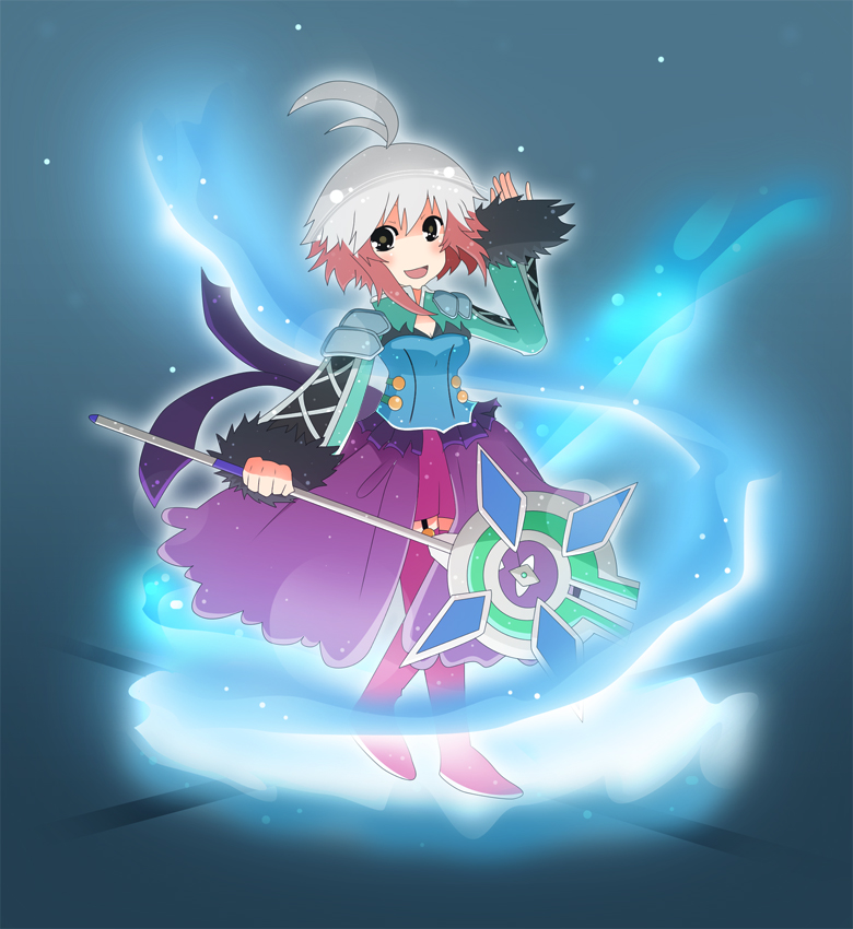 1girl, ahoge, boots, breasts, cosplay, dress, female_focus, fur, harold_berselius, harold_berselius_(cosplay), multicolored_hair, open_mouth, pascal_(tales), solo, staff, tales_of_(series), tales_of_destiny, tales_of_destiny_2, tales_of_graces, thigh_boots, thighhighs