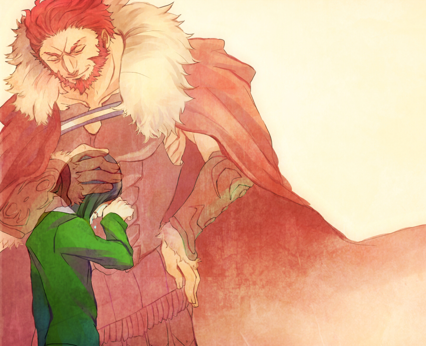 2boys, age_difference, armor, beard, black_hair, cape, crying, facial_hair