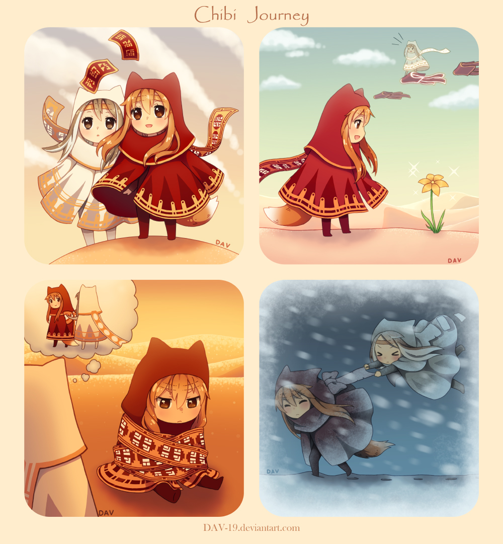 >_<, 2girls, ^^^, alternate_color, animification, artist_name, bow, brown_eyes, brown_hair, chibi, closed_eyes, cloth_fish, cosplay, dav-19, desert, flower, flower_(game), frown, journey, multiple_girls, original, parody, robe, scarf, sitting, sparkle, spoilers, tail, traveler_(cosplay), traveler_(journey), watermark, web_address