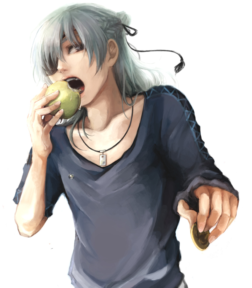 1boy, apple, aq_interactive, bad_id, bad_pixiv_id, blue_eyes, braid, coin, eating, eyepatch, food, french_braid, fruit, half_updo, highres, male_focus, mistwalker, nintendo, shirt, solo, t-shirt, the_last_story, umaksak, white_hair, yuris_(the_last_story)
