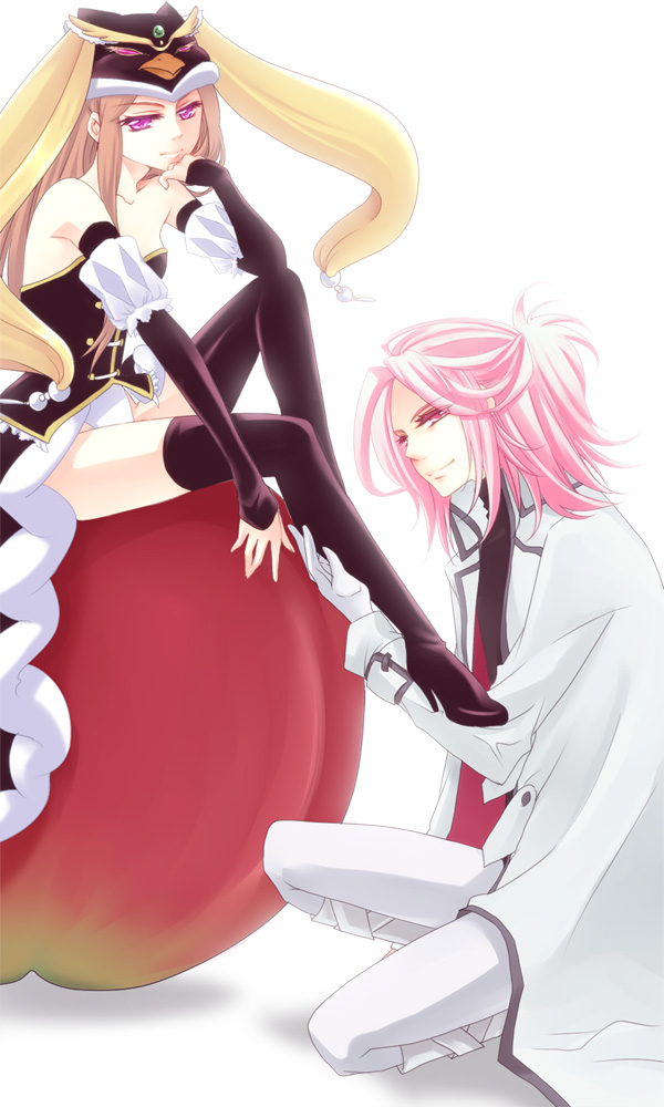 10s, 1boy, 1girl, animal_hat, apple, black_thighhighs, boots, brown_hair, elbow_gloves, food, fruit, gloves, hat, hayase_(tori3), high_heels, long_hair, long_legs, mawaru_penguindrum, pink_eyes, pink_hair, ponytail, princess_of_the_crystal, purple_eyes, shoes, takakura_himari, thigh_boots, thighhighs, watase_sanetoshi