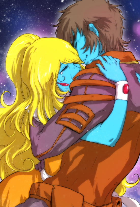 00s, 1boy, 1girl, blonde_hair, blue_skin, brown_hair, colored_skin, daft_punk, earrings, closed_eyes, hetero, hug, interstella_5555, jewelry, kiwwa9, long_hair, ponytail, shep_(interstella_5555), short_hair, sky, star_(sky), star_(symbol), starry_background, starry_sky, stella_(interstella_5555), tears, wristband