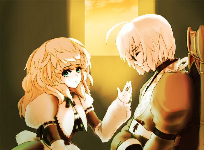 1boy, 1girl, ahoge, aqua_eyes, blonde_hair, braid, choker, dusk