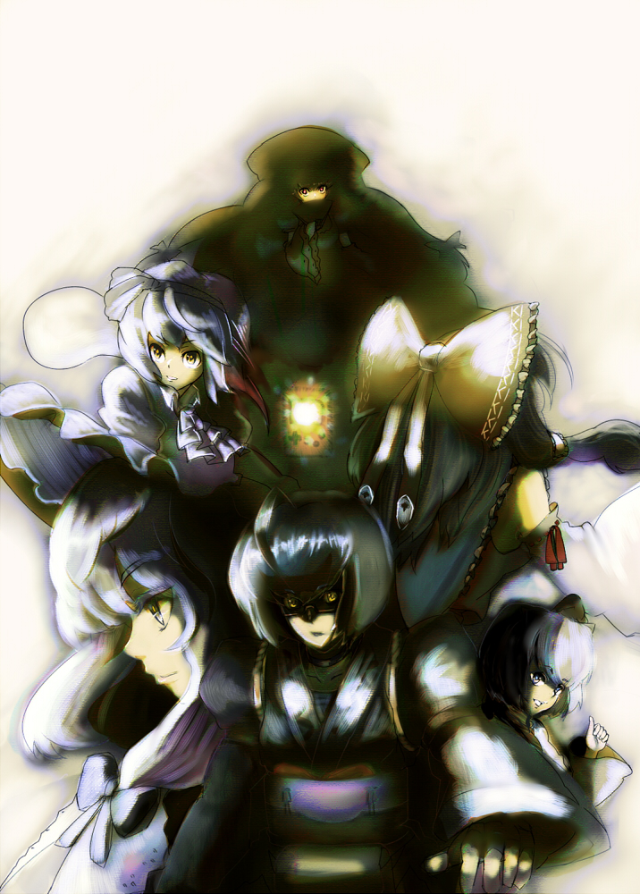 1boy, 4girls, ahoge, ascot, belt, black_hair, blue_eyes, bow