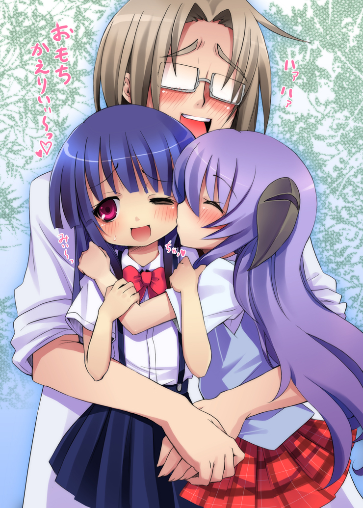 00s, 1boy, 2girls, :d, ;d, arm_grab, blue_hair, blush