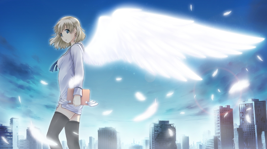 1girl, angel, angel_wings, blonde_hair, blue_eyes, earrings, feathers, female_focus