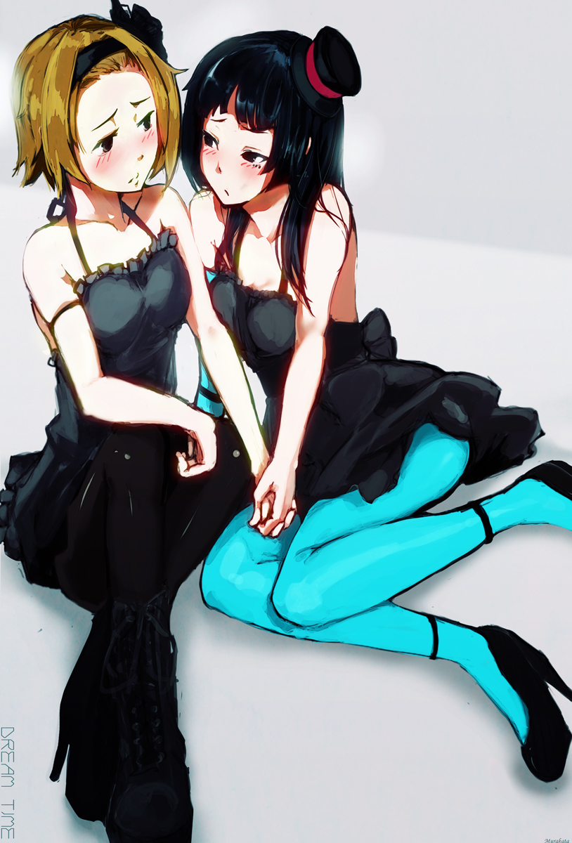 2girls, akiyama_mio, bad_id, bad_pixiv_id, black_dress, black_eyes, black_hair, blush