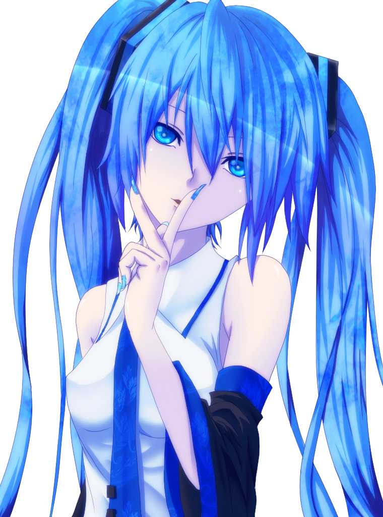 1girl, bare_shoulders, blue_eyes, blue_hair, daburu, detached_sleeves, female_focus, finger_to_mouth, hatsune_miku, long_hair, looking_at_viewer, matching_hair/eyes, monochrome, nail_polish, necktie, solo, twintails, vocaloid