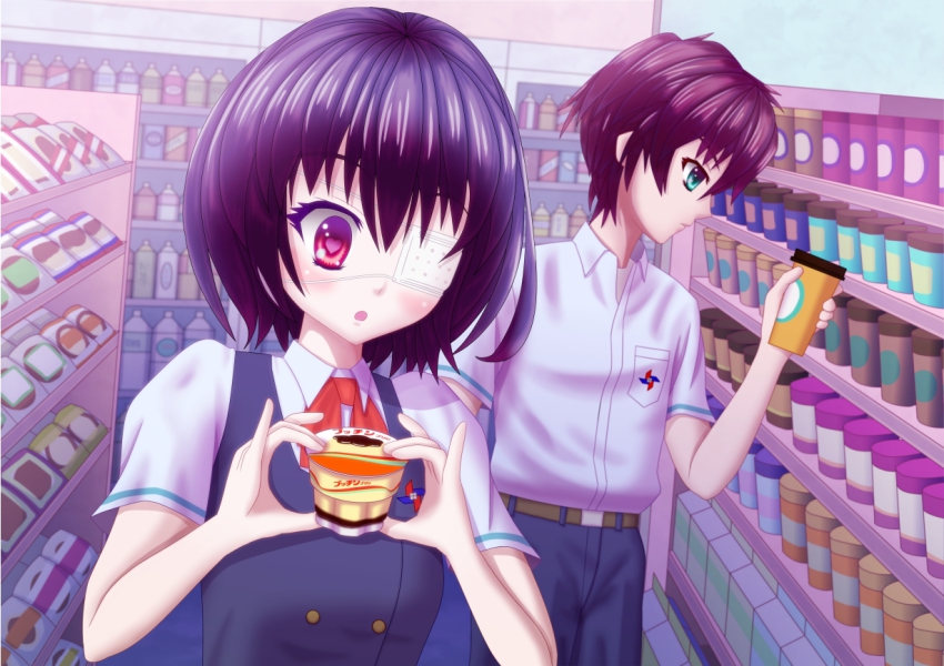 10s, 1boy, 1girl, another, black_hair, brown_hair, convenience_store, eyepatch, green_eyes, heart, heart-shaped_pupils, koishi, misaki_mei, open_mouth, pudding, red_eyes, sakakibara_kouichi, school_uniform, shop, short_hair, symbol-shaped_pupils