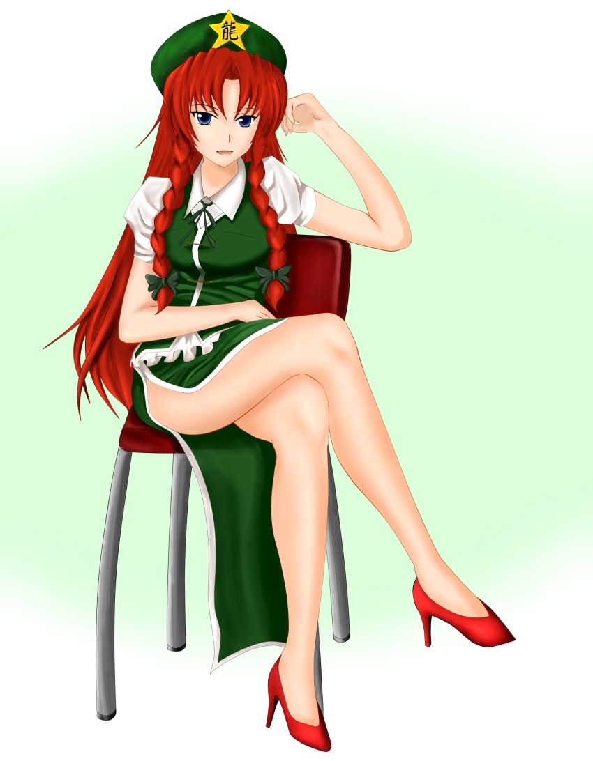 1girl, absurdres, blue_eyes, bow, braid, chair, chourou, crossed_legs, female_focus, full_body, gradient_background, green_background, hair_bow, hat, high_heels, highres, hong_meiling, long_hair, looking_at_viewer, open_mouth, red_hair, shoes, short_sleeves, sitting, smile, solo, star_(symbol), teeth, touhou, twin_braids, very_long_hair, vest