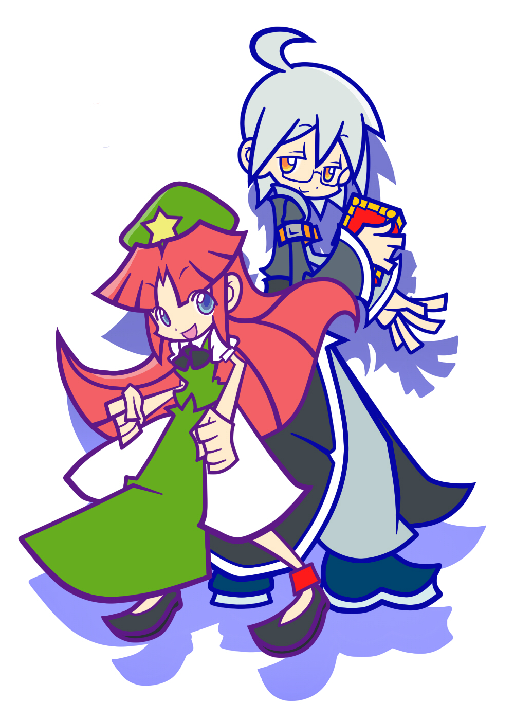 1boy, 1girl, adenine_(artist), ahoge, belt, blue_eyes, book, bow