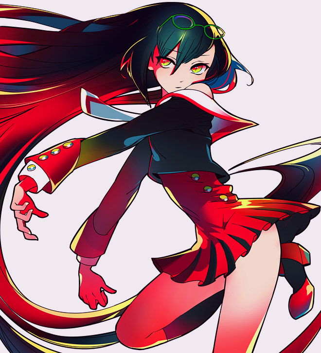 1girl, black_hair, eyewear_on_head, female_focus, glasses, green_eyes, ichihashi_makoto, long_hair