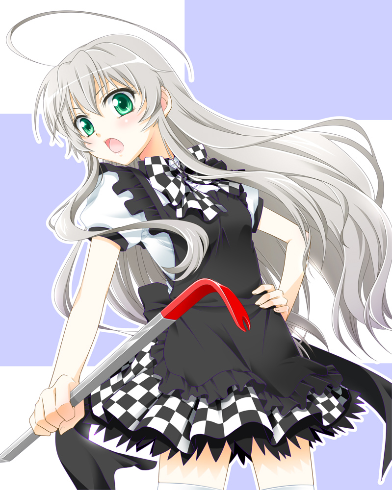 ahoge, checkered_clothes, checkered_skirt, crowbar, green_eyes, haiyore!_nyaruko-san, hiyori_(nyatto), holding