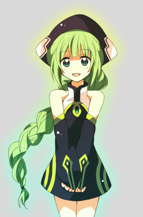 00s, 1girl, aqua_eyes, bare_shoulders, braid, detached_sleeves, dress, green_hair