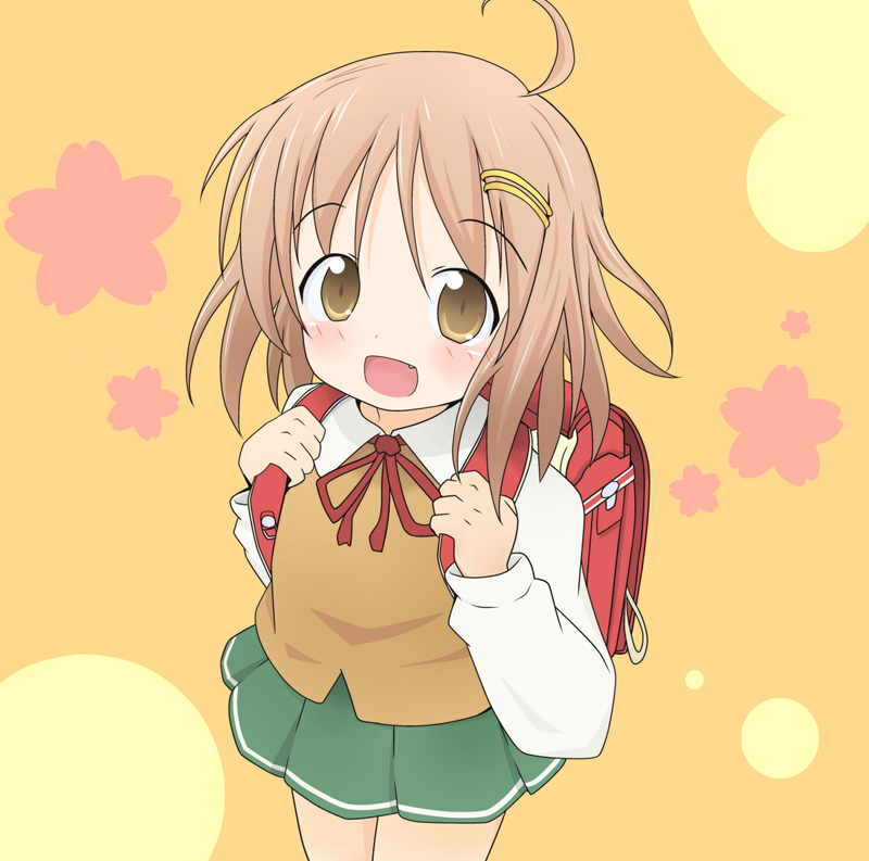 1girl, ahoge, backpack, bad_id, bad_pixiv_id, bag, blush, brown_eyes