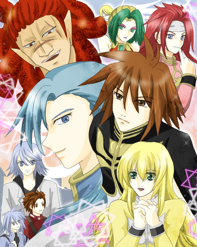 00s, 3girls, 6+boys, bare_shoulders, blonde_hair, blue_eyes, blue_hair, brown_eyes