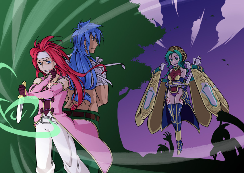 00s, 1girl, 2boys, bare_shoulders, belt, blood, blue_eyes, blue_hair, breasts, cloud, coat, elbow_gloves, gloves, green_eyes, green_hair, headband, leotard, lipstick, long_hair, magic, makeup, midriff, multiple_boys, pants, pronyma, red_hair, regal_bryan, smile, sword, tales_of_(series), tales_of_symphonia, thighhighs, weapon, zelos_wilder