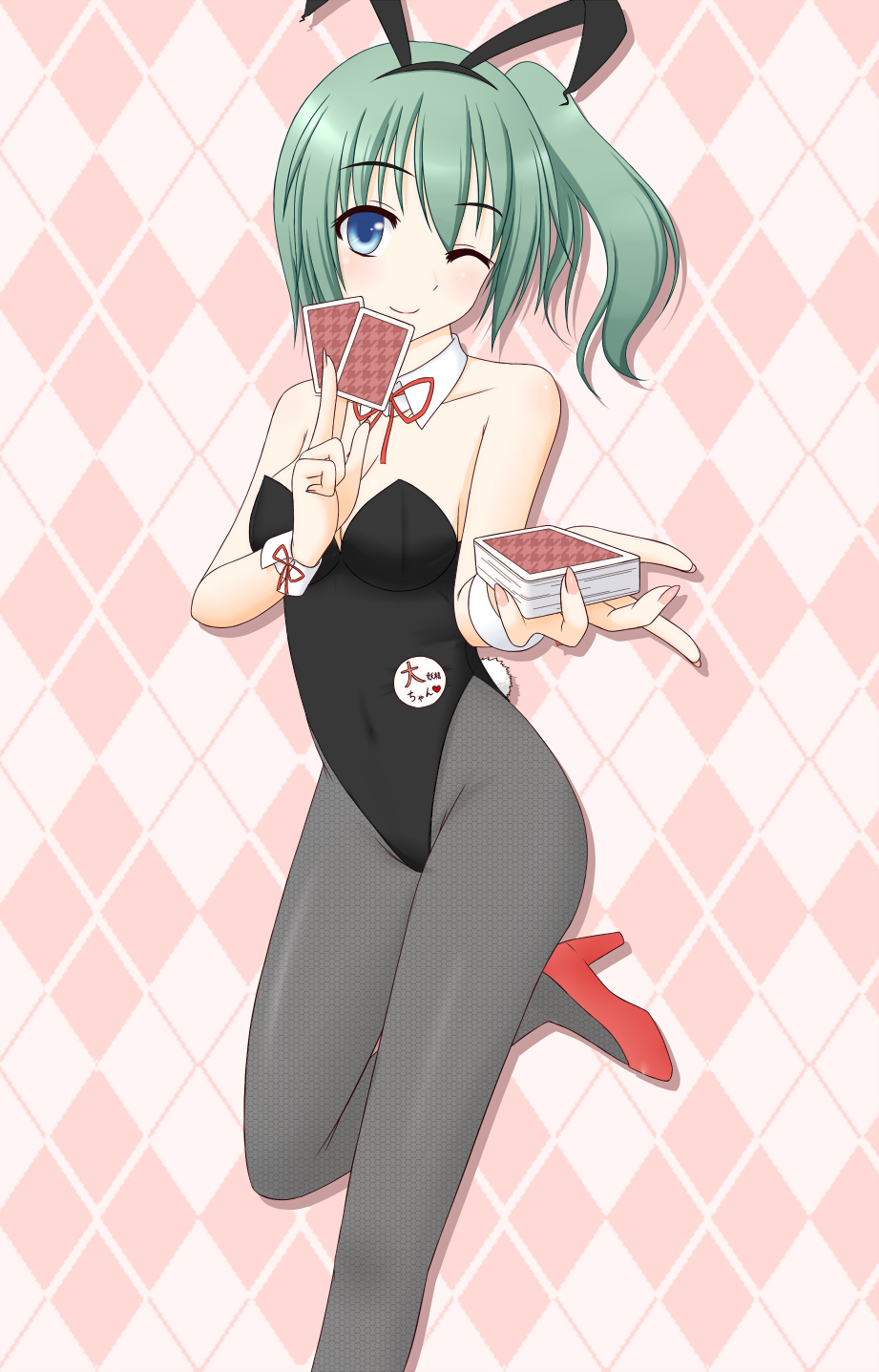 1girl, animal_ears, bare_shoulders, black_pantyhose, blue_eyes, blush, bow, bowtie, breasts, card, cleavage, daiyousei, detached_collar, edamame_(barium), fake_animal_ears, female_focus, fingernails, fishnet_pantyhose, fishnets, green_hair, high_heels, highres, holding, holding_card, long_fingernails, nail_polish, one_eye_closed, pantyhose, playboy_bunny, playing_card, playing_card_game, playing_games, rabbit_ears, rabbit_tail, red_shoes, shoes, short_hair, side_ponytail, smile, solo, tail, touhou, wink, wrist_cuffs