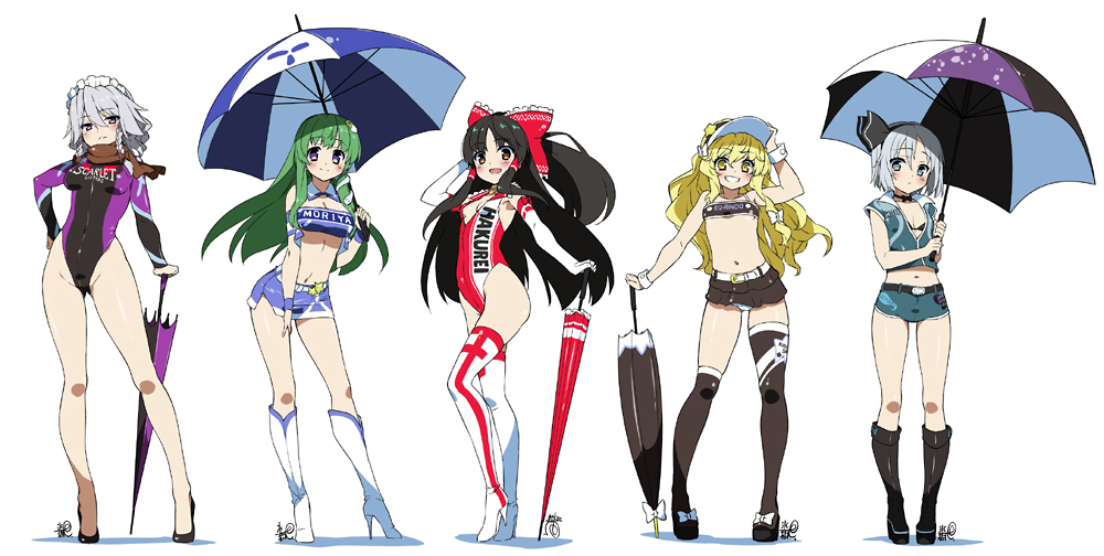 5girls, adapted_costume, alternate_costume, anime_coloring, asymmetrical_clothes, asymmetrical_legwear, bare_legs, bare_shoulders, belly, belt, black_hair, black_socks, blonde_hair, blue_eyes, blush, bodysuit, boots, bow, braid, breasts, brown_eyes, character_name, cleavage, closed_umbrella, elbow_gloves, female_focus, flat_chest, gloves, green_hair, grey_eyes, grin, groin, hair_bow, hair_ornament, hair_ribbon, hair_tubes, hairband, hakurei_reimu, hand_in_own_hair, hand_on_headwear, hat, high_heels, highleg, highleg_leotard, hyouju_issei, izayoi_sakuya, kirisame_marisa, knee_boots, kneehighs, kochiya_sanae, konpaku_youmu, leotard, long_hair, looking_at_viewer, maid, maid_headdress, medium_breasts, midriff, miniskirt, multiple_girls, navel, over-kneehighs, panties, pantyshot, planted, planted_umbrella, playable_command_(touhou), purple_eyes, race_queen, red_leotard, ribbon, scarf, shoes, short_hair, short_shorts, shorts, silver_hair, simple_background, single_braid, single_kneehigh, single_over-kneehigh, single_sock, single_thighhigh, skin_tight, skirt, small_breasts, smile, snake, socks, standing, stiletto_heels, teeth, thighhighs, touhou, twin_braids, umbrella, underwear, uneven_legwear, vest, visor, visor_cap, white_background, white_legwear, white_panties, wrist_cuffs, yellow_eyes