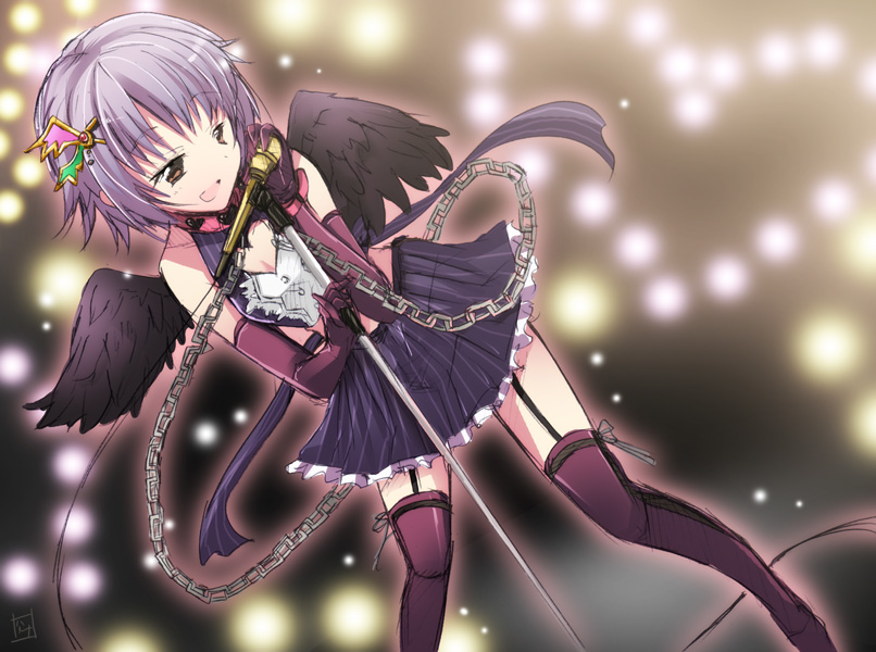 10s, 1girl, bad_id, bad_pixiv_id, bare_shoulders, black_thighhighs, brown_eyes, chain, cleavage_cutout, clothing_cutout, collar, cuffs, female_focus, garter_straps, haruna_hisui, heart, heart_cutout, idolmaster, idolmaster_cinderella_girls, koshimizu_sachiko, microphone, microphone_stand, purple_hair, short_hair, skirt, smile, solo, thighhighs, wings