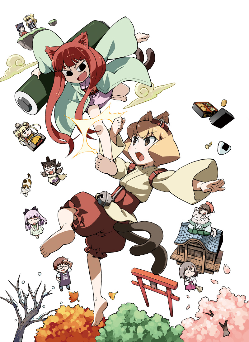 6+girls, animal_ears, autumn_leaves, bare_tree, barefoot, battle, bell, blocking