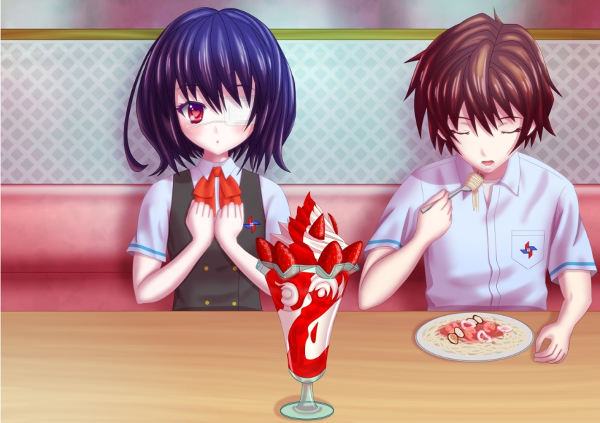 10s, 1boy, 1girl, another, black_hair, blush, brown_hair, closed_eyes