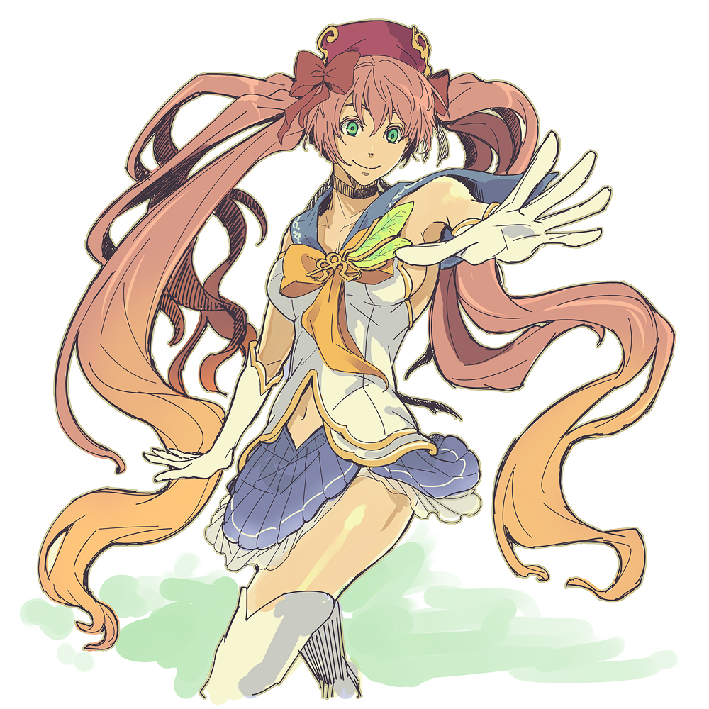 1girl, bad_id, bad_pixiv_id, blue_sailor_collar, blue_skirt, bow, brooch, cave_(developer), choker, colored_eyelashes, elbow_gloves, female_focus, gloves, gradient_hair, green_eyes, jewelry, long_hair, multicolored_hair, mushihimesama, mushihimesama_futari, navel, orange_hair, outstretched_hand, purple_hair, reco, sailor_collar, skirt, smile, solo, takeya23, thighhighs, twintails, white_background, white_gloves, wing_brooch, yellow_bow