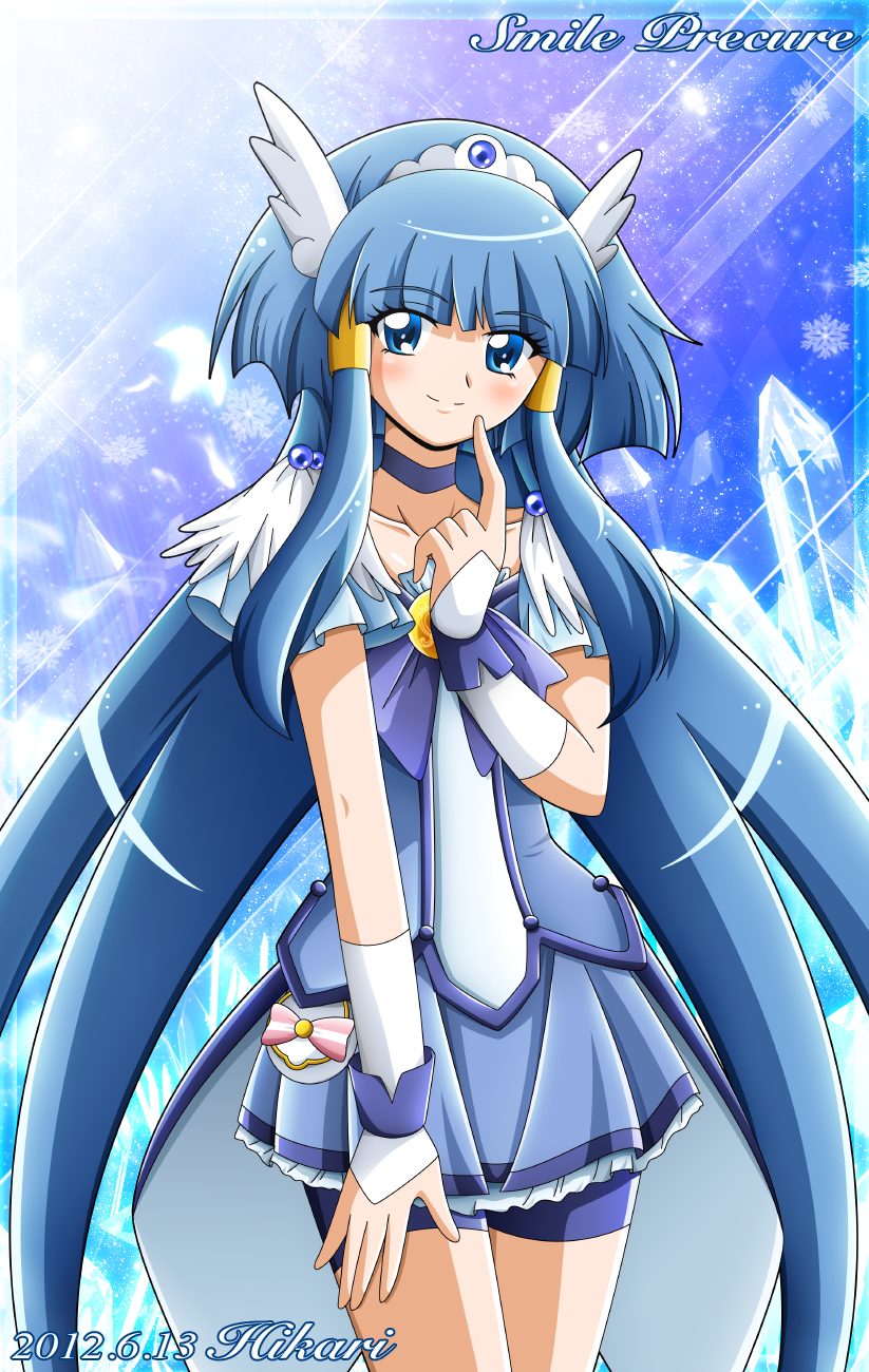 10s, 1girl, 2012, aoki_reika, bike_shorts, blue_eyes, blue_hair, blue_skirt, blue_theme, copyright_name, cure_beauty, dated, dress, female_focus, head_wings, highres, hikari_(hikari_no_kobako), hikari_akitani, long_hair, magical_girl, matching_hair/eyes, precure, skirt, smile, smile_precure!, solo, wings