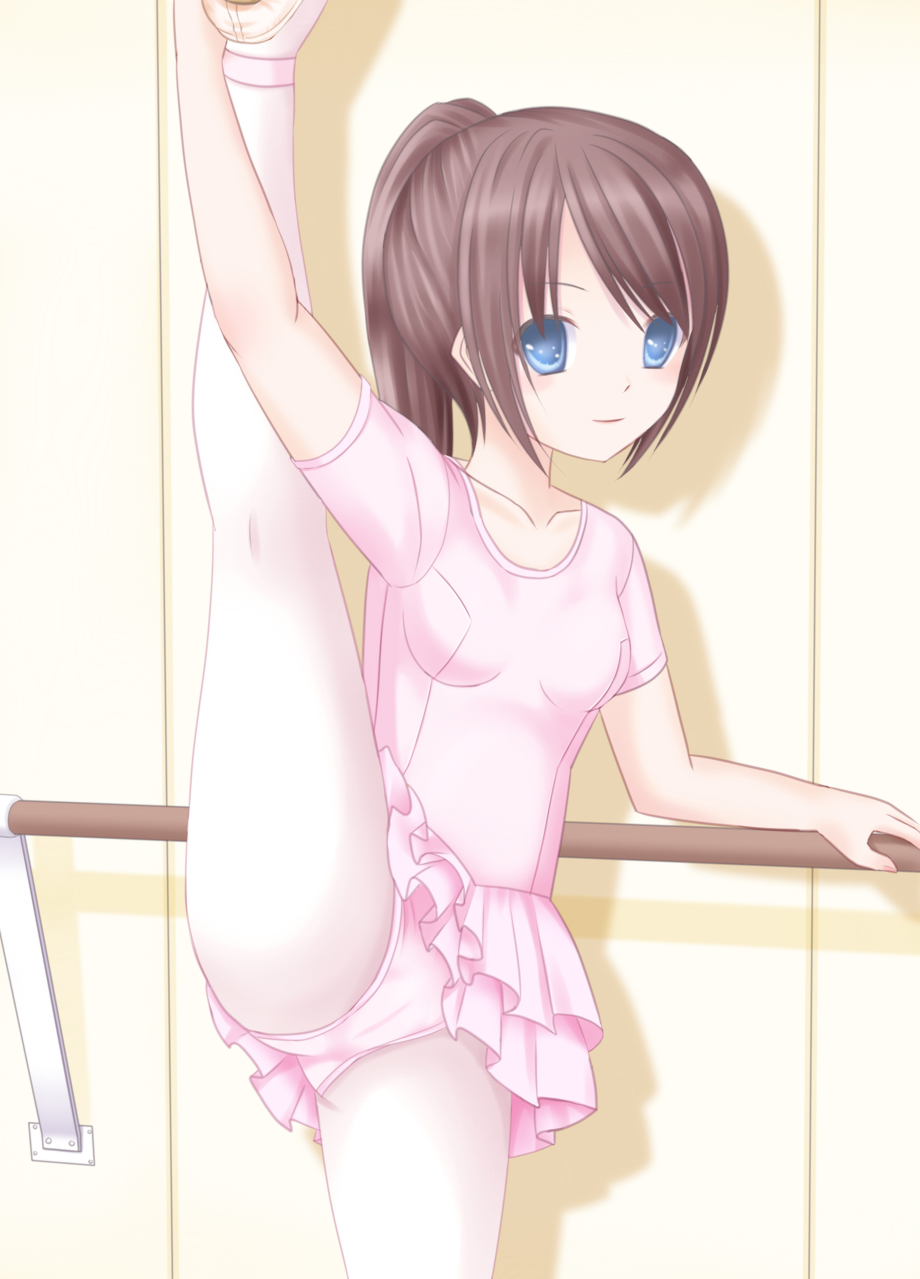 1girl, bad_id, bad_pixiv_id, ballerina, ballet, ballet_class_clothes, barre, blue_eyes, breasts, brown_hair, cameltoe, female_focus, flexible, highres, ikeda_yuuki, leg_lift, leotard, loli, original, pantyhose, ponytail, railing, small_breasts, solo, tutu, wall, white_pantyhose