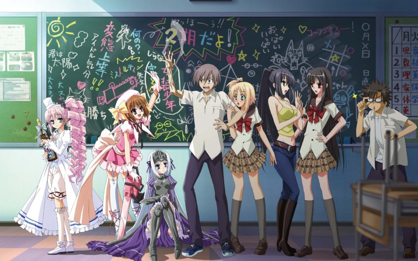 10s, 2boys, 6+girls, ahoge, ai_ai_gasa, aikawa_ayumu, alcohol, belt