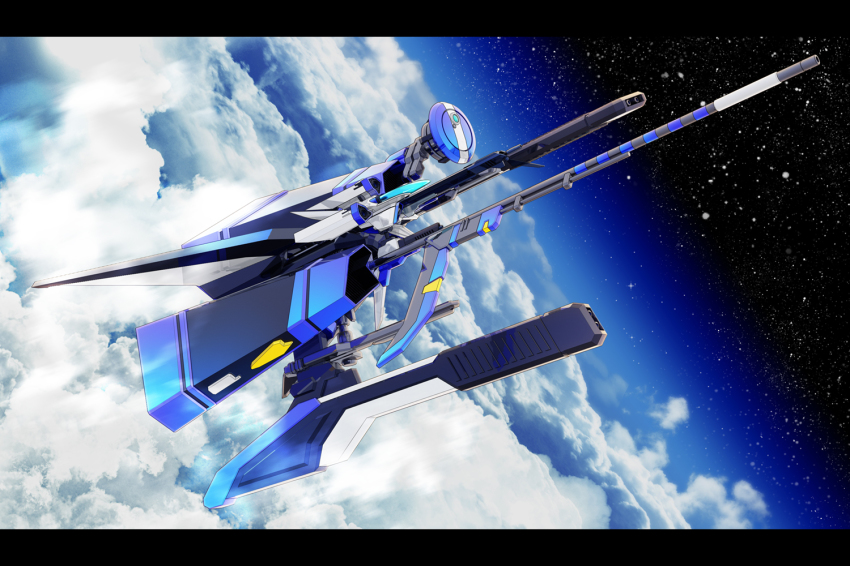 3d, bad_id, bad_pixiv_id, cloud, flying, gun, horizon, key-chang, kinei, letterboxed, mecha, no_humans, robot, rvr-02b_brigandine, sega, sky, spacecraft, star_(sky), starfighter, starry_sky, thunder_force, thunder_force_v, weapon