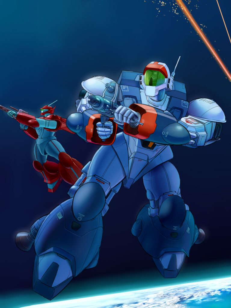1980s_(style), 1990s_(style), earth_(planet), ginga_hyouryuu_vifam, gun, inui80s, inui_(jt1116), mecha, mecha_focus, neofam, no_humans, oldschool, planet, retro_artstyle, rifle, robot, science_fiction, space, vifam, weapon, zero_gravity
