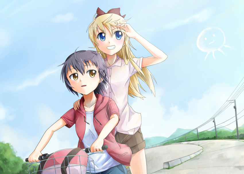 2girls, black_hair, blonde_hair, blue_eyes, brown_eyes, funami_yui, llr, long_hair