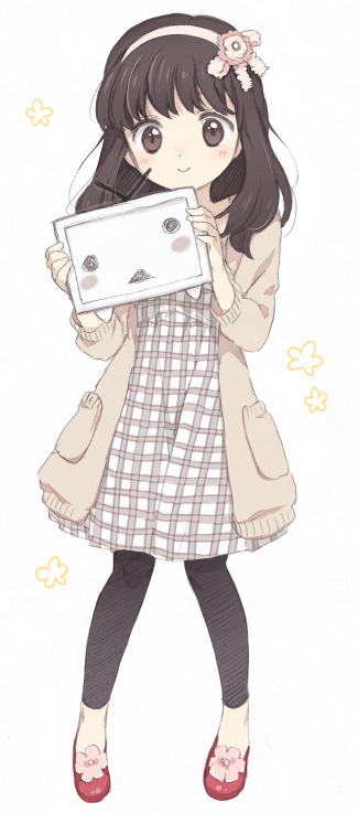 1girl, black_eyes, black_hair, black_leggings, dress, female_focus, hairband, holding