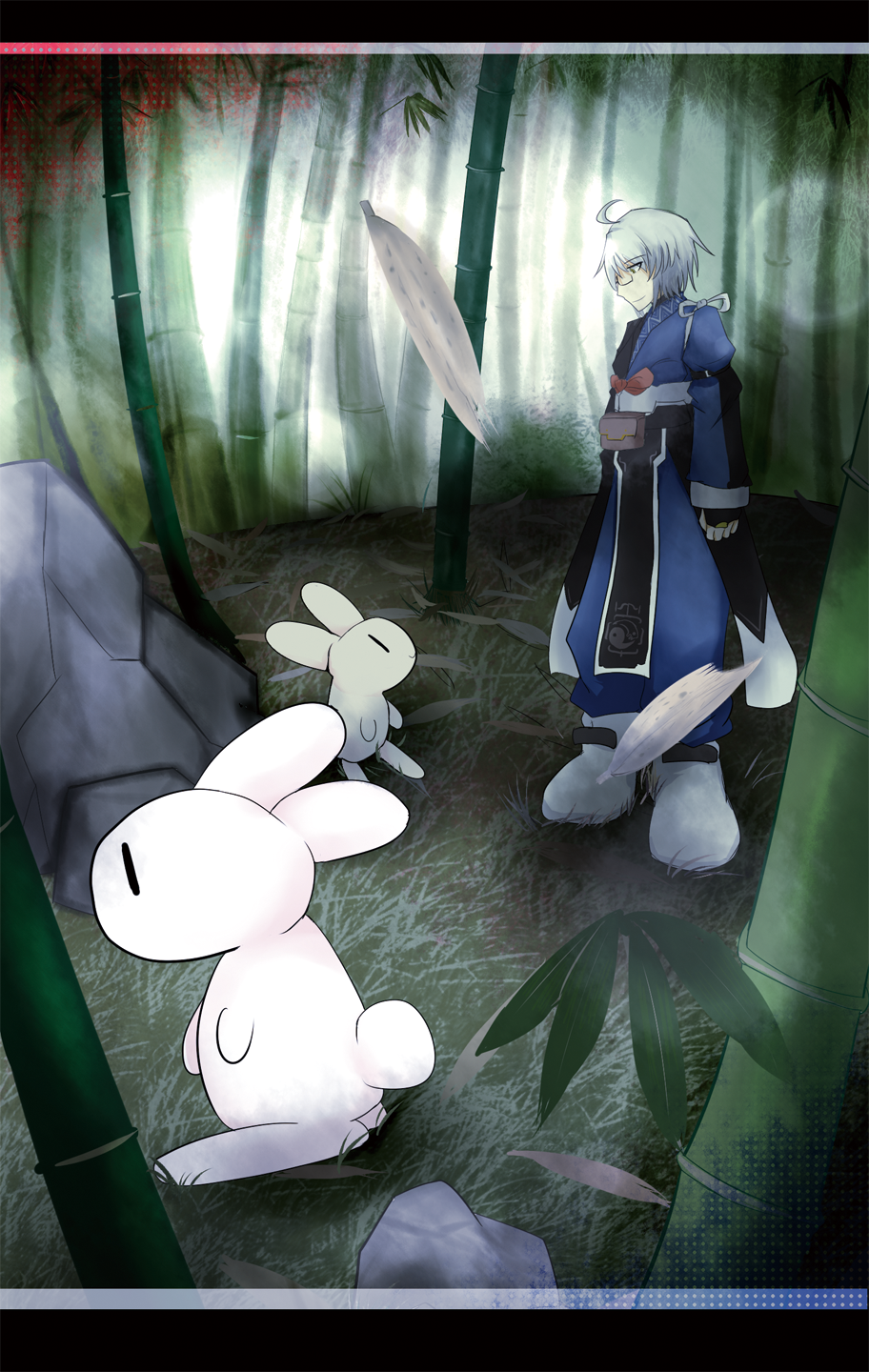 1boy, ahoge, animal, animal_ears, bamboo, belt, bridal_gauntlets, rabbit