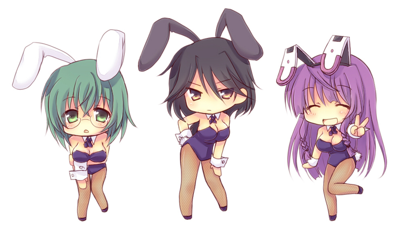 10s, 3girls, :d, ^_^, animal_ears, bare_shoulders, black_hair, blush