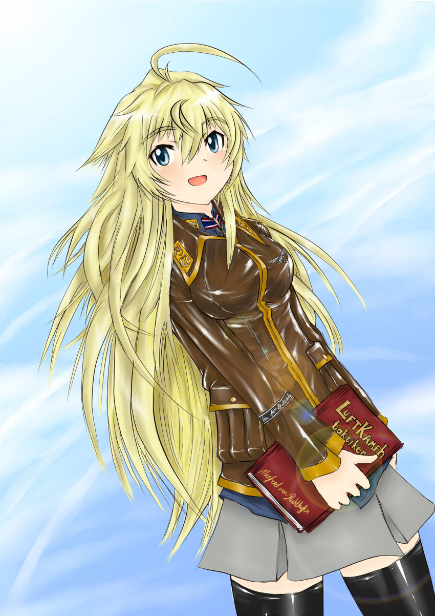 1girl, ahoge, alternate_history, armband, black_thighhighs, blonde_hair, blue_eyes, blue_shirt