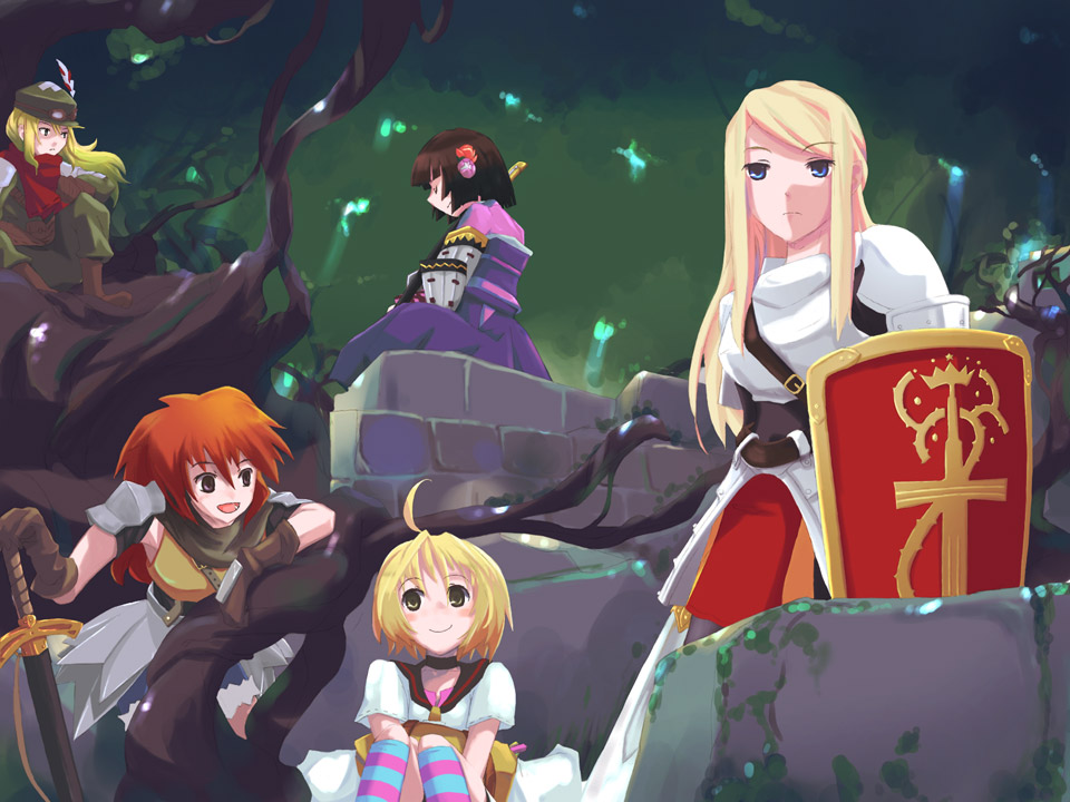 5girls, :d, against_tree, ahoge, annotated, arm_support, armor, atlus