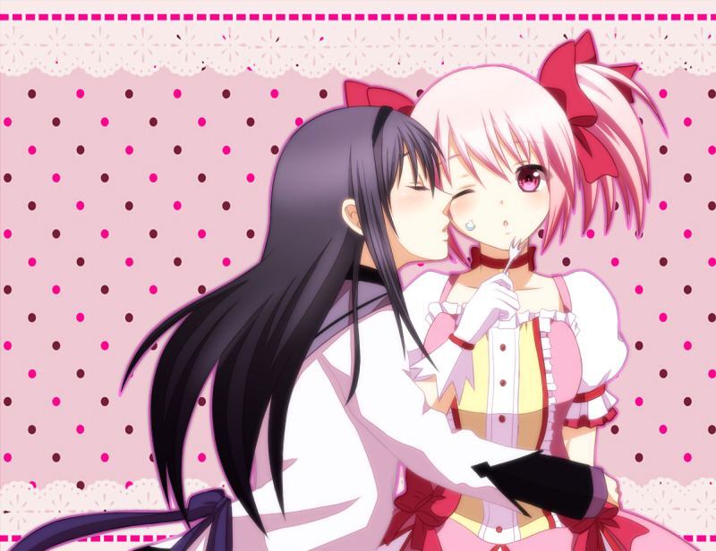 10s, 2girls, akemi_homura, akemi_homura_(magical_girl), black_hair, blush, closed_eyes, food, food_on_face, fork, gloves, hair_ribbon, hairband, hug, kaname_madoka, kaname_madoka_(magical_girl), long_hair, magical_girl, mahou_shoujo_madoka_magica, mahou_shoujo_madoka_magica_(anime), multiple_girls, one_eye_closed, pink_eyes, pink_hair, ribbon, short_twintails, sxa0524, twintails, wink, yuri