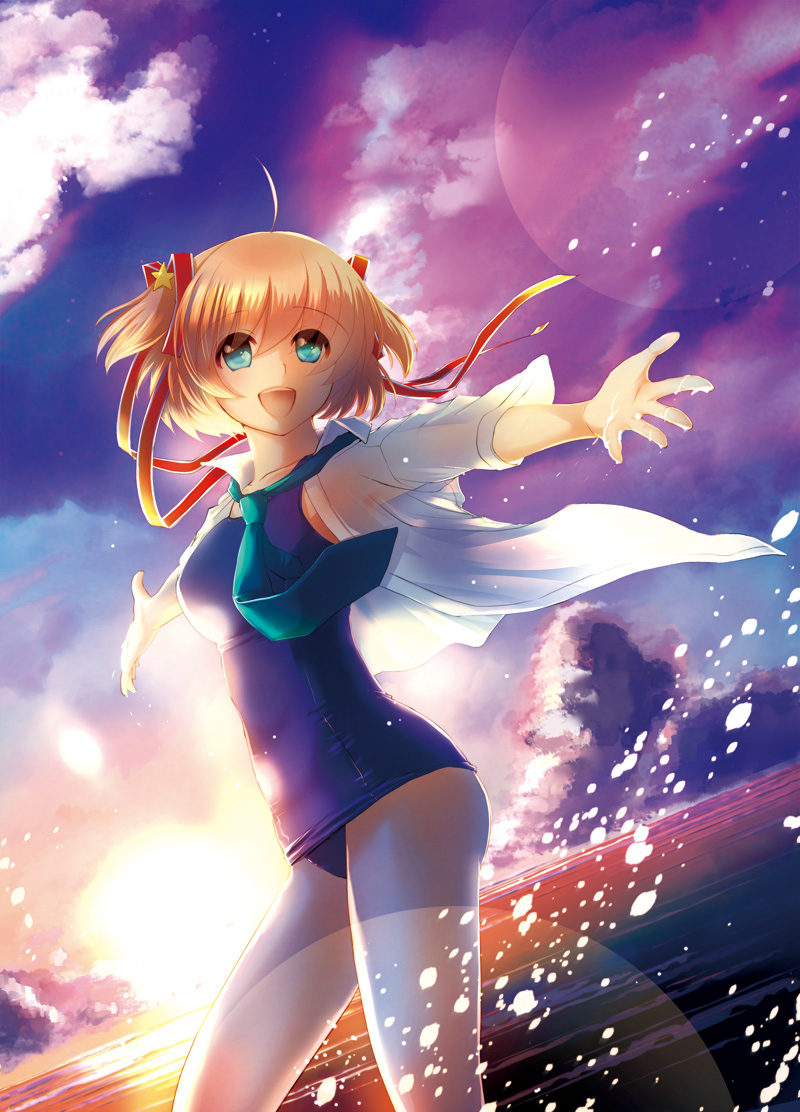 1girl, blonde_hair, blue_eyes, dress_shirt, female_focus, kamikita_komari, little_busters!, necktie, one-piece_swimsuit, outstretched_arms, remotaro, ribbon, school_swimsuit, shirt, short_hair, solo, spread_arms, sunset, suzuki_konori, swimsuit, twintails