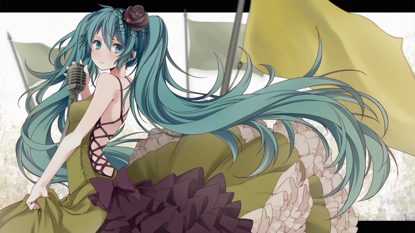 1girl, aqua_eyes, aqua_hair, bare_shoulders, bow, cross-laced_clothes, dress, female_focus