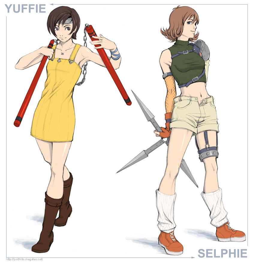 2girls, armor, bare_shoulders, blue_eyes, boots, brown_eyes, brown_hair, character_name, cosplay, costume_switch, crossover, dress, final_fantasy, final_fantasy_vii, final_fantasy_viii, flipped_hair, headband, kingdom_hearts, lauren_nicolo, midriff, multiple_girls, nunchaku, open_fly, overalls, parody, selphie_tilmitt, selphie_tilmitt_(cosplay), short_hair, shorts, shuriken, skirt, sleeveless, sleeveless_turtleneck, trait_connection, turtleneck, unzipped, weapon, yellow_overalls, yellow_skirt, yuffie_kisaragi, yuffie_kisaragi_(cosplay), zipper_dress