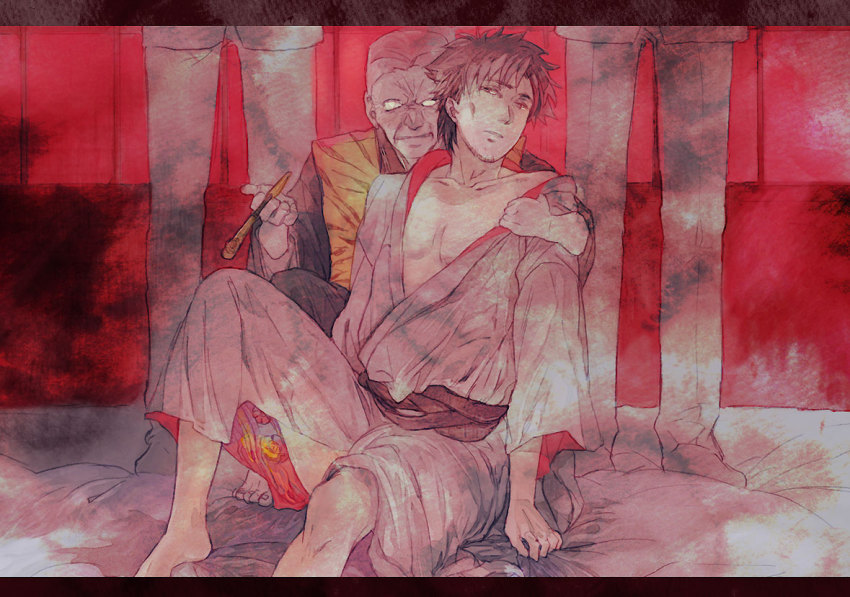 4boys, barefoot, black_hair, emiya_kiritsugu, fate/zero, fate_(series), fujimura_raiga, japanese_clothes