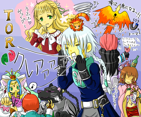 3boys, 4girls, agarte_lindblum, animal, animal_ears, animal_on_head, annie_barrs, aqua_eyes