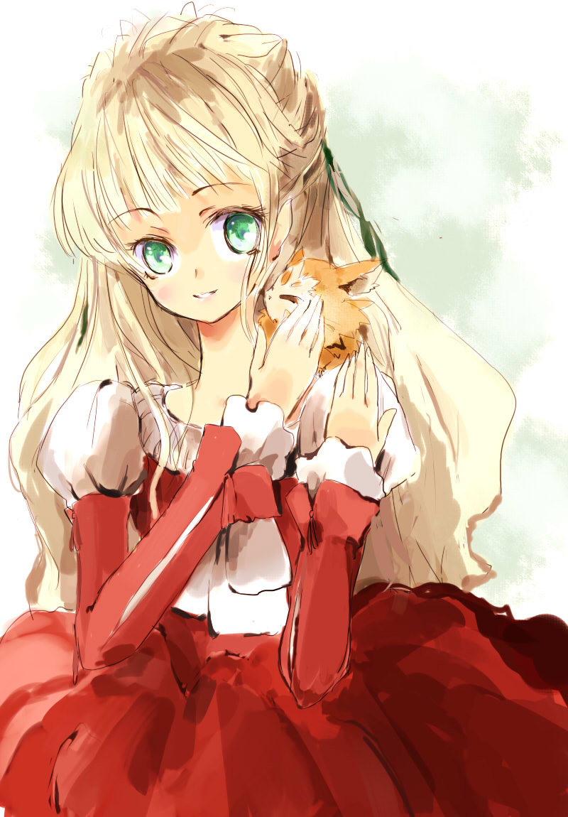 1girl, blonde_hair, claire_bennett, creature, dress, frills, green_eyes, long_hair, maromi_(am97), tales_of_(series), tales_of_rebirth, zapie