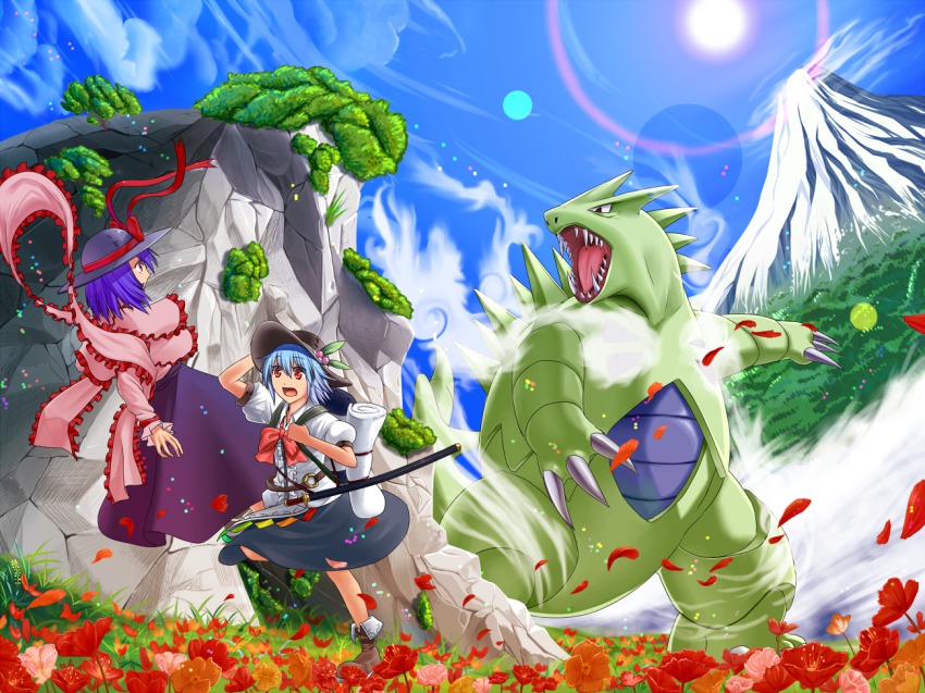 2girls, bad_id, bad_pixiv_id, belt, blouse, blue_hair, boots, claws