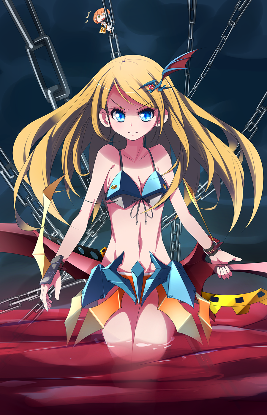 2girls, armor, atlus, bad_id, bad_pixiv_id, bare_shoulders, bikini, blonde_hair, blue_eyes, chain, etrian_odyssey, green_eyes, hair_ornament, highres, imperial_(sekaiju), imperial_(sekaiju_4), imperial_2_(sekaiju), medic_(sekaiju), medic_2_(sekaiju), multiple_girls, navel, orange_hair, partially_submerged, scarlethips, sekaiju_no_meikyuu, sekaiju_no_meikyuu_4, swimsuit