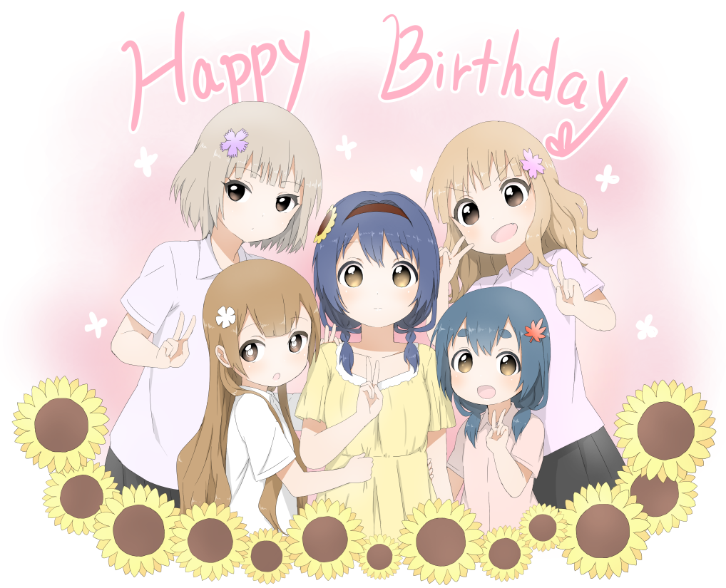 >:d, 5girls, :d, blonde_hair, blue_hair, braid, brown_eyes, brown_hair